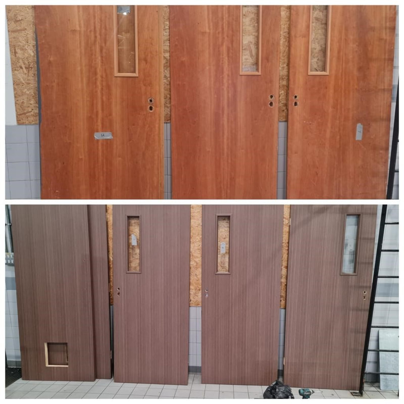 Before wrapping and after vinyl wrapping office doors